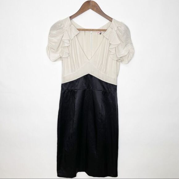 Rebecca Taylor Silk Ruffle Combo Dress Black Ivory Size 8 - Picture 2 of 8